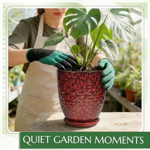9.5 Inch Flower Pots for Indoor Plants,Ceramic Planter with Saucer Drainage Leak-Proof Mesh Gardening Gloves (Diamond Red) - Image 5