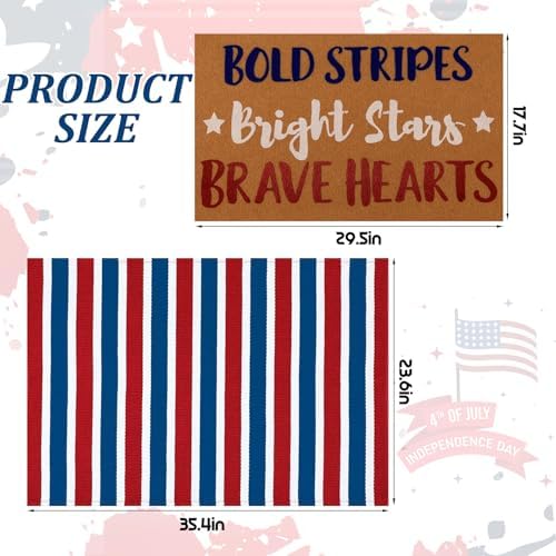 Honoson 2 Pcs 4th of July Doormat, Red White Blue Coir Non-Slip Entrance - Image 2