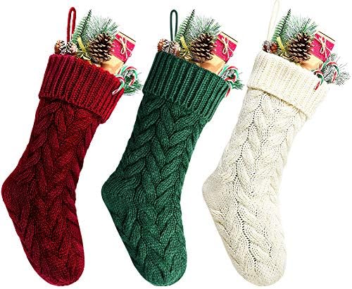 Christmas Stockings, 18 Inches Burgundy, Ivory and Green Cable Knitted Stocking for Xmas Holiday Decoration, 9 Pack - Image 4