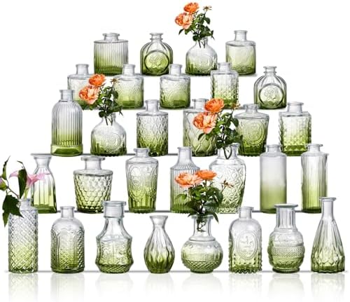 Glass Bud Vase Set of 30 - Small Vases for Flowers in Bulk - Assorted Vintage Crystal Vases for Flowers, Table Centerpieces (Green, 30 Pcs) by Ulodimi