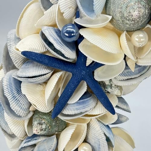 Natural Seashell Wreath w/Shells, Starfish, Pearls, Sea Snails - Spring & Summer Coastal Decor Beach House Indoor Door Wreath, 18in Dark Blue - Image 4