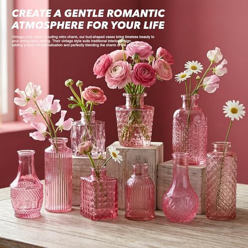 Colored Glass Vases Bulk 32 Pcs - Assorted Vintage Bud Vases for Wedding Centerpieces, Rustic Embossed Glass Bottles for Table Decor, Home Floral Arrangements with Pink Series (2-6 Inch) - Image 7