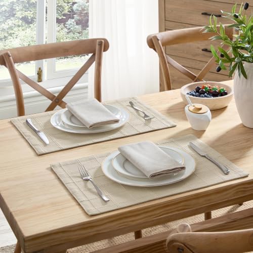 ZeeMart Linen Checked Farmhouse Placemats Set of 6, Oatmeal 13x19in - Image 2