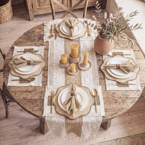 8 Set Boho Placemats with Table Runner, Scalloped Woven, Khaki - Image 6