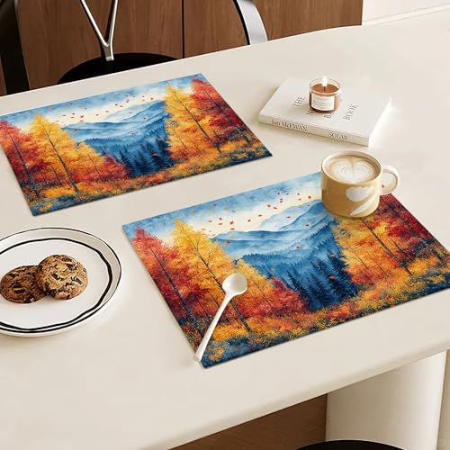 Fall Maple Leaves Placemats Set of 6, 12x18 Inch Atumun Mountain Table Place Mat Seasonal Leaf Washable Non-Slip Heat Resistant Fabric Placement Mats for Party Dining Kitchen Indoor Outdoor Decor - Image 2