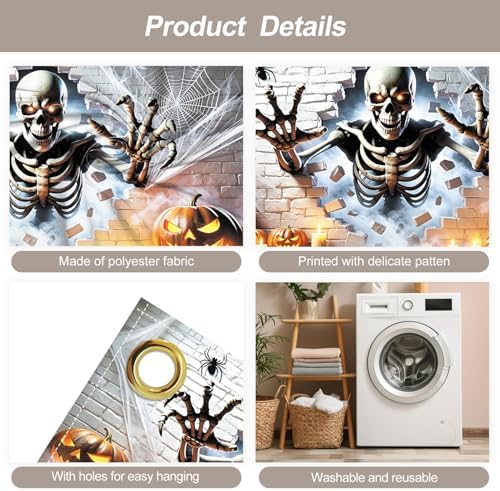 7x16FT Skeleton Break Wall Halloween Garage Door Banner Skeleton Pumpkin Spider Happy Hallowen Garage Door Cover Decoration for Hallowen Decoration - Image 3