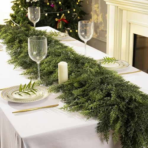 2 Pcs 6FT Christmas Cedar Garland - Thick & Lush Realistic Artificial Green Faux Cedar Pine Needles Garland for Christmas Winter Home Mantel Fireplace Holiday Party Decor - Image 2
