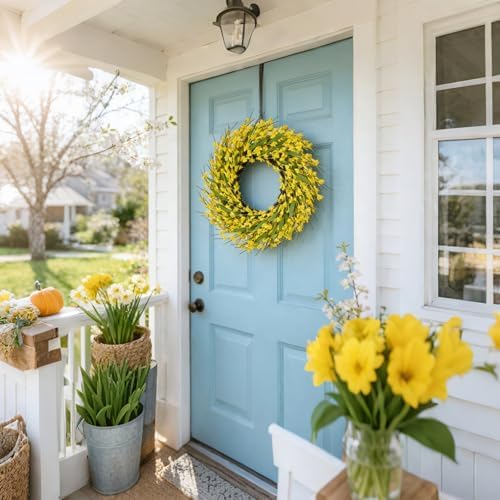 idyllic 22 Inch Spring Yellow Forsythia Leaf Wreath, for Front Door Window Porch Living Room Mantel Farmhouse Spring Home Decor Gift - Image 5