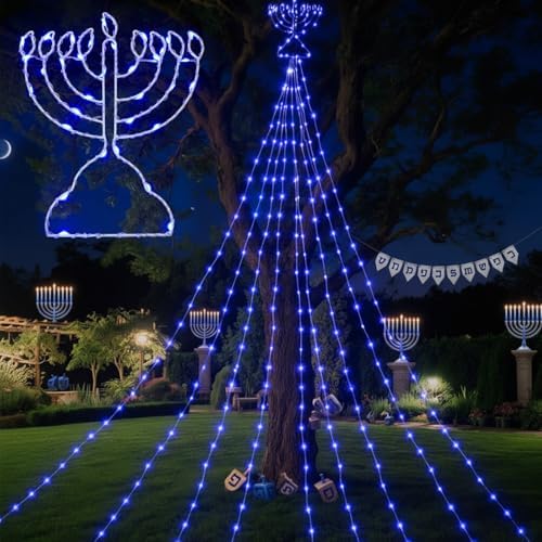 Glooglitter 11.5ft Hanukkah Menorah Lights Outdoor Decor Blue Waterfall LED by Glooglitter