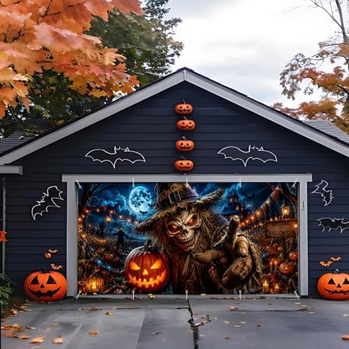 Halloween Garage Door Banner 7x16 FT - Scary Scarecrow Pumpkin Patch Backdrop Cover, Evil Skull Monster Reaching Hand Hanging Decor for Double Car Garage Door Outdoor Yard Haunted House Party - Image 5