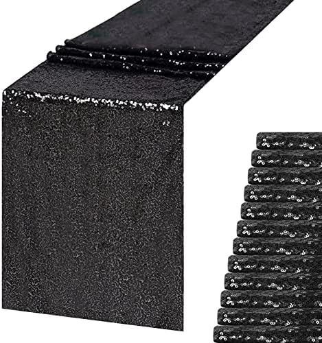 Black Sequin Table Runner 12 Pack, 12x108 Glitter Table Runners by WISPET