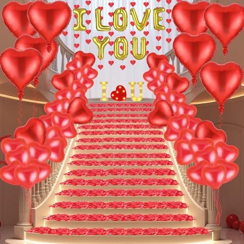 Romantic Anniversary Valentines Day Decorations Bedroom Special Night Decorations with I Love You Light Sign Balloons, Rose Petals, Artificial Roses, Red Heart Strings for Room Hotel Anniversary Decor - Image 3