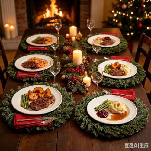 Christmas Placemats Set of 6 Artificial Cedar Wreath Charger Plates 19.7" Round Faux Greenery Branch Place Mats Winter for Winter Xmas Holiday Dinner Party Kitchen Dining Christmas Table Decorations - Image 5