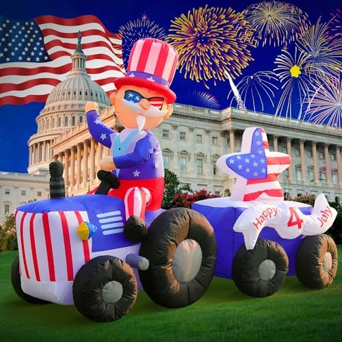 DomKom 6FT Patriotic Independence Day 4th of July Memorial Day Inflatable Outdoor Decoration, Uncle Sam Drive Tractor, LED Lights Holiday Blow Up for Fourth of July Party Garden Yard Lawn Decor by DomKom