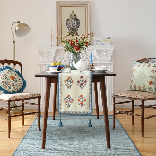 ISAENNE Designer French Linen Extra Long Table Runner,118"x12"-Floralsea B - Image 3