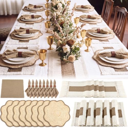 8 Set Boho Placemats with Table Runner, Scalloped Woven, Khaki by Unknown