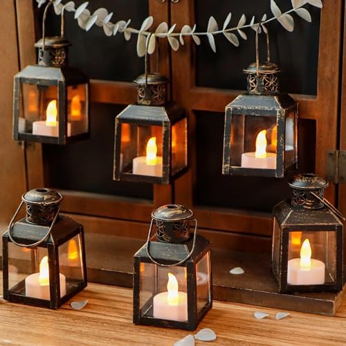 TRIROCKS 6 Pcs Small Metal Candle Lanterns Vintage Hanging House Tealight Lantern Decorative Candle Tea Light Holders for Table Valentine Patio Indoor Outdoor Gifts(Black with Gold Brush) - Image 3