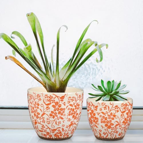 GnFlus Vintage Flower Pot Rustic Plant Pot Large Ceramic Planters for Indoor Plants Pots with Drainage Shabby Chic Planter Pots for Succulents Cactus Herb Snake Plants Outdoor Garden, 7.6/5.5 Inch - Image 3