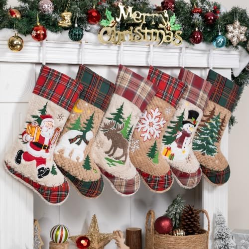 LUBOT 6 Pack Christmas Stockings Set of 6 Large Family Xmas Stocking Embroidered 20" Plush Plaid Matching Rustic Farmhouse Country Fireplace Hanging Holiday Decor by LUBOT
