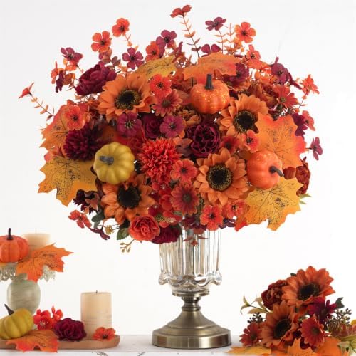 Mixed 12 Pcs Fall Artificial Flowers, Sunflower Peony Bouquet with Maple Leaves Pumpkins, Autumn Faux Floral Arrangements for Table,Thanksgiving, Halloween, Porch Planters, Garden Patio Outdoors Decor - Image 3