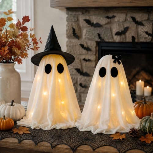 Halloween Decor Set: 2 Light Up Ghosts, Cobweb Scarf & 28 Pcs Bat Stickers - Image 3