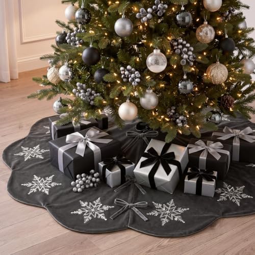 Hollowfly Gray Velvet Christmas Tree Skirt with Sequin Snowflake 48'' - Image 4