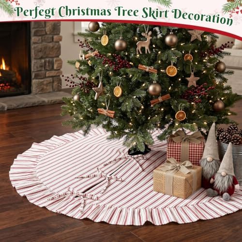 JOVIPOP Christmas Tree Skirt, 72 Inch Burgundy Stripe Ruffle - Image 3