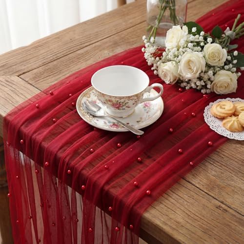 Red 10 Pcs Pearl Gauze Table Runner 120 Inch 10ft Pearl Sheer Tulle Table Cloth Centerpieces for Home Wedding Birthday Bridal Baby Shower Party Favor Holiday Dining Decorations - Image 4