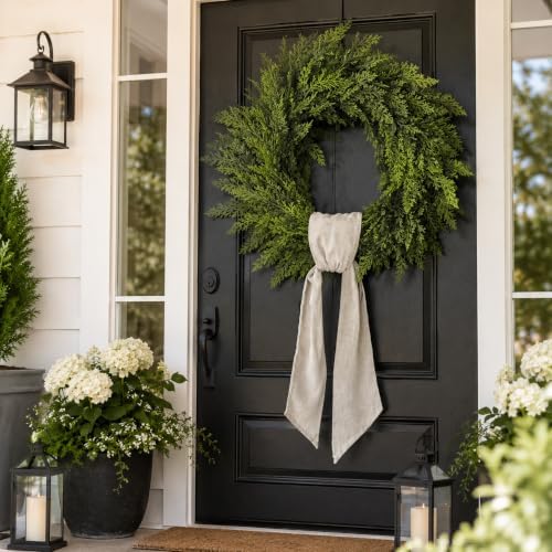 24 Inch Greenery Wreath for Front Door with Wreath Sash, Faux Cedar Door Wreath for All Seasons, Farmhouse Wall Decor for Entryway Porch Window - Image 5