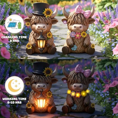 Retisee 2 Pcs Solar Highland Cow Garden Statue LED Light Resin Outdoor - Image 5