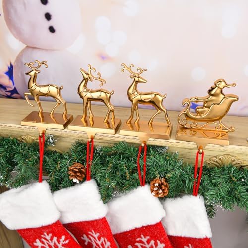 Antique Gold Reindeer & Sleigh Stocking Holder Set for Mantle Set of 4,Deer Stocking Hangers for Firepiece,Christmas Decorations Mantel Hanger for Stocking/Garland (Retro Gold) - Image 5