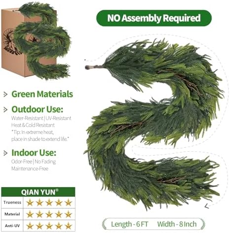 6FT Artificial Norfolk Pine Garland 2 Pack – Dense Green Christmas Garland, Real Touch Holiday Greenery for Front Door, Fireplace Mantel, Staircase, Indoor Outdoor Home Decoration - Image 5