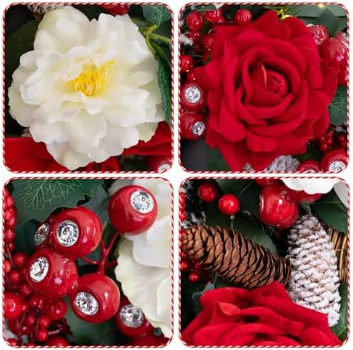 Christmas Wreaths for Front Door 24 Inch Prelit Holiday Wreath with Red Roses, White Peonies, Red Berries, Greenery & Velvet Bow Christmas Door Wreath Indoor Outdoor - Image 3