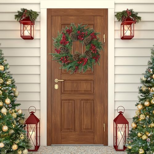 22’’ Artificial Christmas Wreath Norfolk Pine Wreath for Front Door with Pine Needles Red Berries Big Pinecones Christmas Decorations for Winter Farmhouse Wall Indoor Outdoor Home Holiday Xmas Decor - Image 5