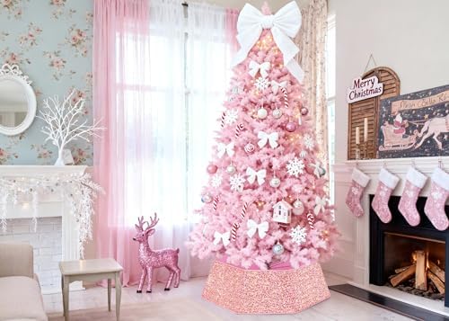 Sequin Christmas Tree Ring Collar Collapsible 25.59 Inch Pink Gold Tree Skirt Velvet Tree Stand Cover for 7.5ft Artificial Tree Home Xmas Ornaments - Image 2