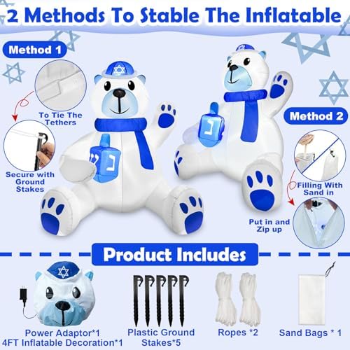 4 FT Hanukkah Inflatable Decorations, Large Sitting Polar Bear Holding Dreidel with 3 LED Lights - Blow Up Chanukah Yard Decor for Outdoor Lawn Garden Home Holiday Party​ - Image 3