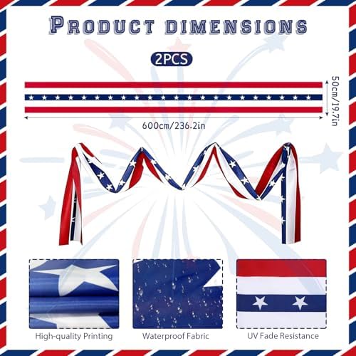 4th of July Decorations - 20 Ft American Flag Bunting Red White Blue USA Patriotic Flag Banner for Porch Door Outdoor Decor (2 Pack) - Image 2