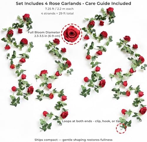 FiveSeasonStuff 29 Ft 4 Pack Rose Silk Flower Garland Artificial Flowers Decoration Hanging Floral Décor for Wedding Baby Shower Birthday Party Garden (Venetian Red) - Image 6