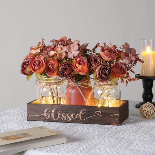 3 Pcs Mason Jar Table Centerpieces for Dining Room with Wood Tray&Led Light - Image 4