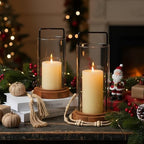 Houmury Set of 2 Hurricane Candle Holders Lantern 12” & 10”with Wood Base Metal Handle Glass Cylinder Modern Farmhouse Decor for Home Decoration, Table Centerpieces (Warm Amber Brown) - Image 4