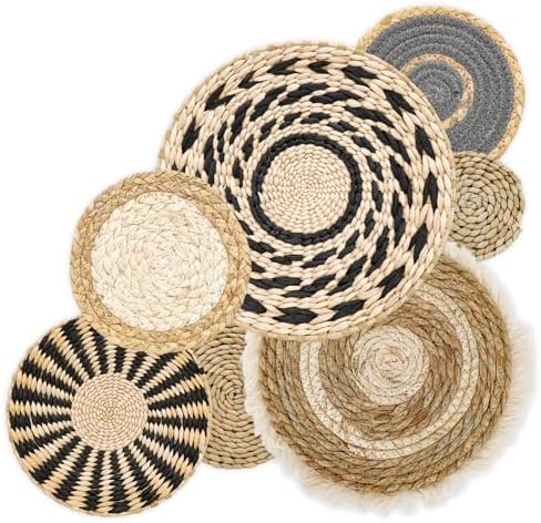 7 PCS Boho Wall Basket Decor, Handwoven Seagrass wall Hanging Baskets – Round Bohemian Wall basket for Farmhouse, Home, Room, Rustic Decor, Table Centerpiece (Black) by AKAZA