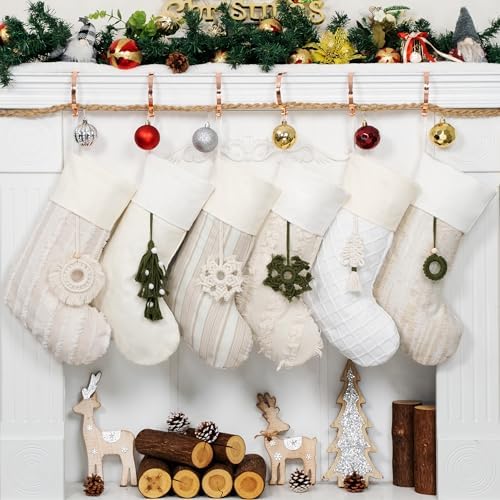 LUBOT Boho Christmas Stockings with Name Tag Set of 6 Rustic Farmhouse Country Large Family Xmas Stocking 20" with Fringe Pendant Fireplace Hanging Decor 6 Pack - Image 4