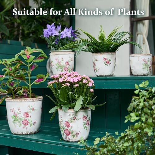Vintage Ceramic Planter with Drainage Hole, Plastic Tray & Mesh, 6.5 Inch - Indoor/Outdoor Flower Pot, Pink Floral Rustic Farmhouse Design Plant pot for Home, Office & Garden Décor, Ideal Gift - Image 7
