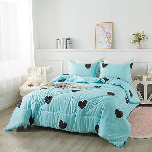 Caressma Blue Comforter Set Full Size Black Heart 3pcs with Pillowsham - Image 2