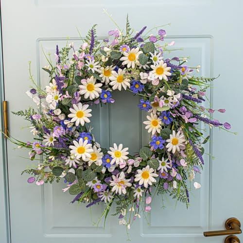 22 Inches Summer Wreaths for Front Door Blue Summer Door Wreath Spring Floral Wreath with Wildflower Lanvender for Wall Porch Indoors Outdoor Window Home Decorations - Image 3