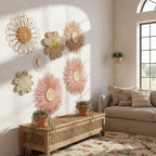 Chunful 7 Pcs Boho Wall Basket Decor Rattan Flower, Dark Pink - Image 5
