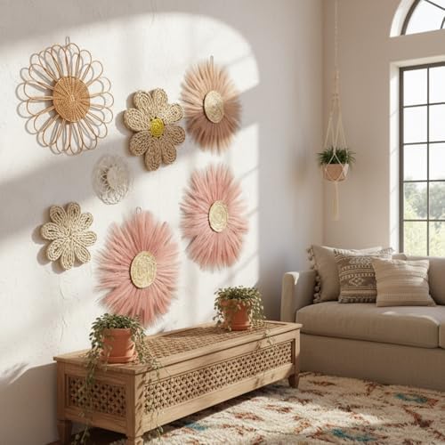 Chunful 7 Pcs Boho Wall Basket Decor Rattan Flower, Dark Pink - Image 5