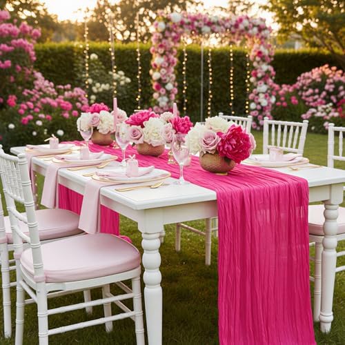 8 Pack Hot Pink Cheesecloth Table Runner 120 Inch Boho Wedding Decor - Image 7
