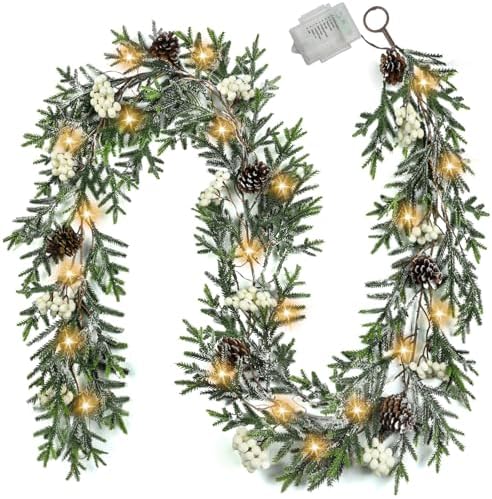6FT Christmas Garland with Lights, Christmas Decorations Indoor Outdoor Pre-lit Artificial Pine Garland with Battery Operated Timer, Home Holiday Decor Flocked Garland for Mantel Window Stairs Wall by OZFHUA