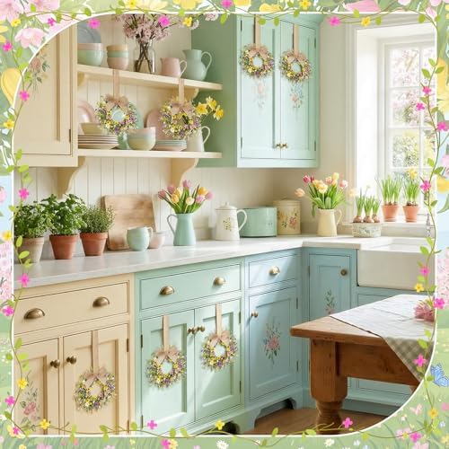 Dingion 6 Pcs 6" Mini Spring Cabinet Wreaths Spring and Summer Wildflower Candle Rings Wreaths for Kitchen with Ribbon Small Floral Wreath for Window Door Farmhouse Wedding Decorations - Image 6